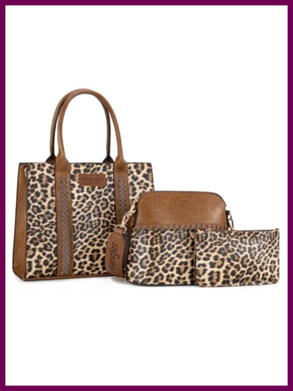 Wrangler 3Pc Tote Crossbody Bag & Wallet Set Leopard Whipstitch